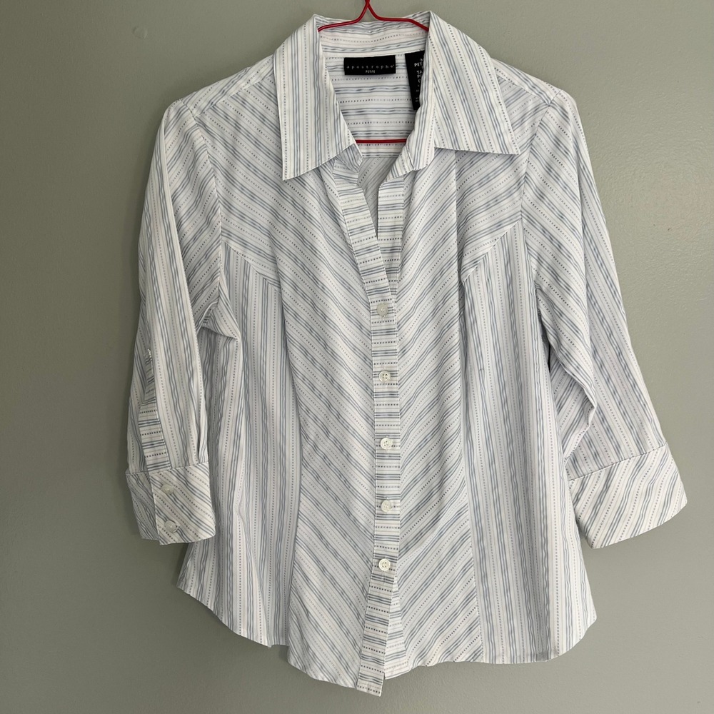 Apostrophe Petite Womens Blue White Striped 3/4 Sleeve Button Up Blouse Size M